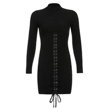 Load image into Gallery viewer, HEYounGIRL Tie Up Bandage Black Bodycon Dress Autumn Basic Long Sleeve Knitted Mini Dresses Ladies Skinny Casual Winter Fashion
