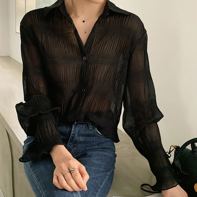 New 2021 Spring Vintage Elegant Women Chiffon Blouses Casual Long Sleeve Blusas Femme Turn-down Collar Solid Shirts Female Tops