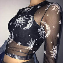Load image into Gallery viewer, 2020 Women Sexy Harajuku Mesh Tops Long Sleeve See Through T Shirt Transparent Sun Moon Star Print T-shirt Femininas Clubwear
