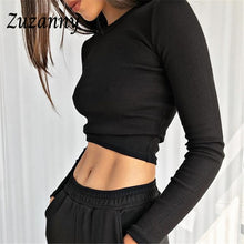 Load image into Gallery viewer, Zuzanny Long Sleeve Shirts Women Solid Fitness Cropped Sexy Y2K Tops 2021 O Neck Rib Black White Brown Rib Basic Women&#39;s T-Shirt
