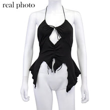 Load image into Gallery viewer, ALLNeon 2000s Aesthetics Sexy Ruffles Cut Out White Tank Tops Y2K Fashion Bandage Hollow Out Halter Tops Drawstring Clubwear
