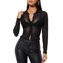 Load image into Gallery viewer, Female Sexy See-Through Long Sleeve Blouse Summer Autumn Ladies Solid Color Turn-Down Collar Shirt Tops S M L
