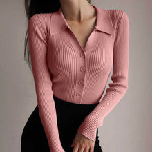 Load image into Gallery viewer, Women 2021 New Lapel Slim Slimming Tops Ladies Hollow Buttons Sexy V Neck Long Sleeve POLO Neck Knit Cardigan Sweater Women
