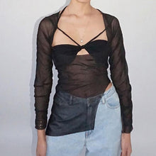 Load image into Gallery viewer, Goth Dark Y2k Punk Mesh See Through T-shirts Women Cyber Sexy Summer Halter Tops Lace Up Techwear Black Patchwork Split Clothes
