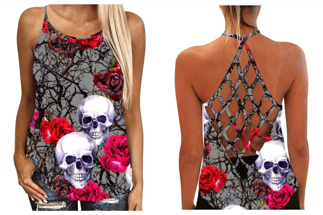 Women Sunflower Skull Sexy Hollow Out Open Back Suspender Vest Sleeveless Tank Top Female Backless Loose Camisole Tank Halloween