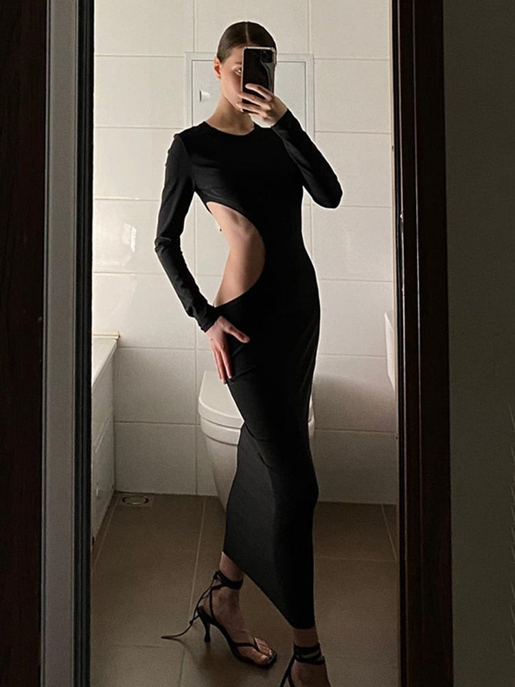 Cryptographic Sexy Black Cut Out Round Neck Long Dress Women Elegant Long Sleeve Club Party 2022 Spring Dresses Skinny Clothes