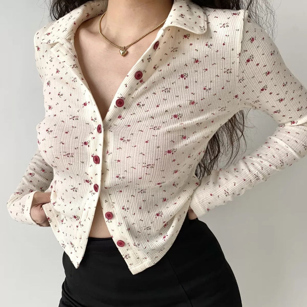 Vintage Cute Red Floral Print Button Down Cardigan Women Brandy Spring Autumn Long Sleeve V Neck Knitted Sweater Melville Tops
